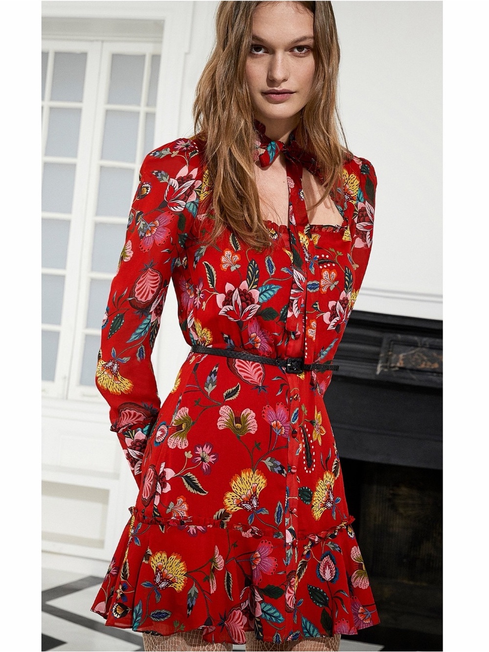 Alexis Red Floral Tie-Neck Long Sleeve Dress